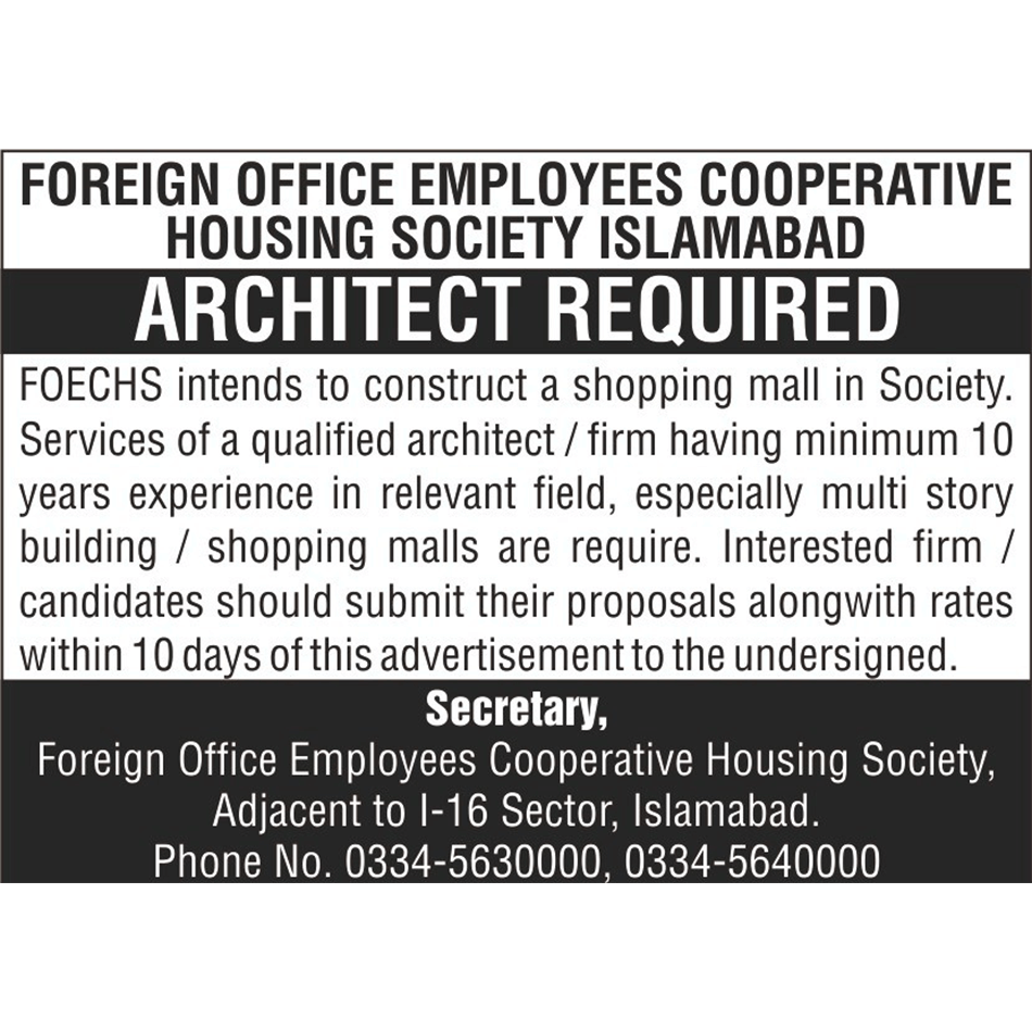 Architect Required for Foreign Office Employees Cooperative Housing Society