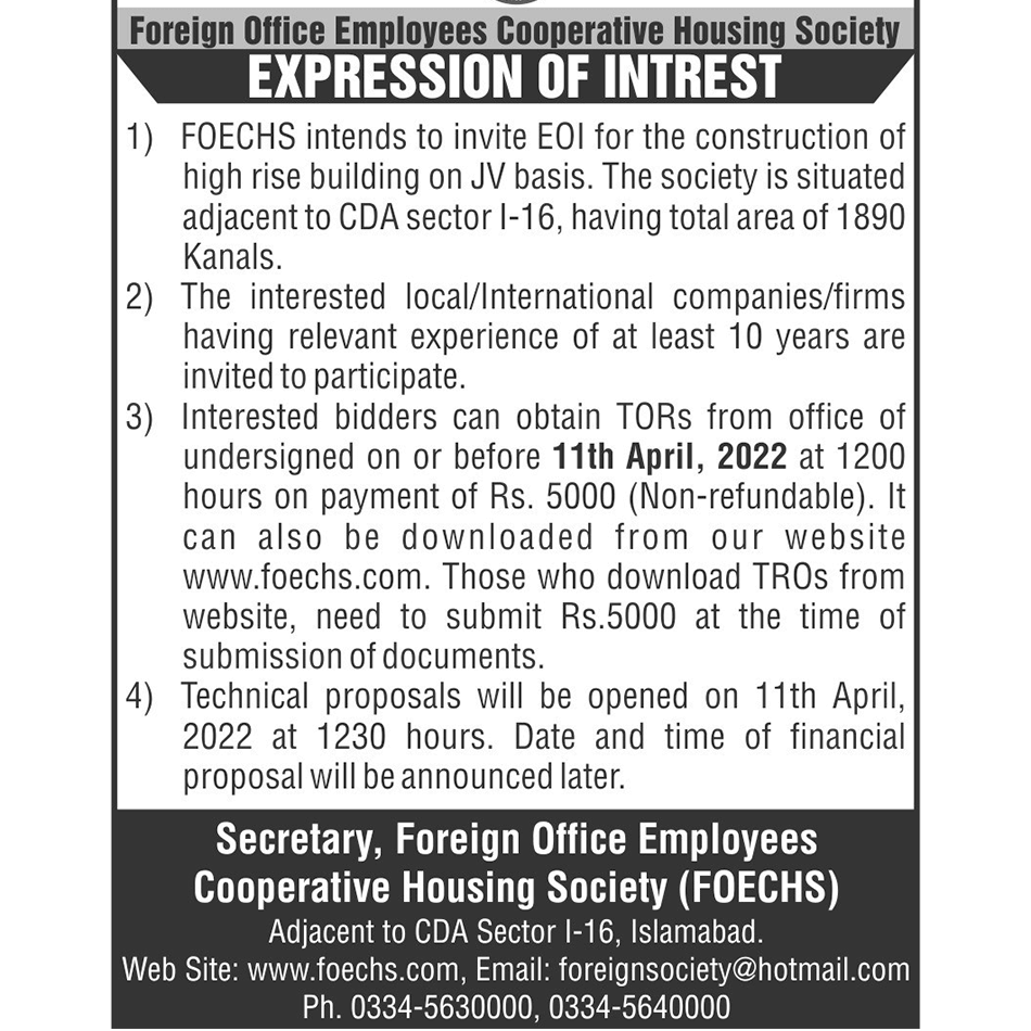 EOI for the Construction of High Rise Building on JV Basis